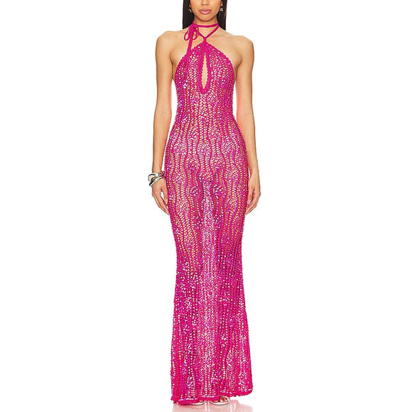 Retrofete 'Massie' Pink Halterneck Crochet Sequin Embellished Dress Size XS